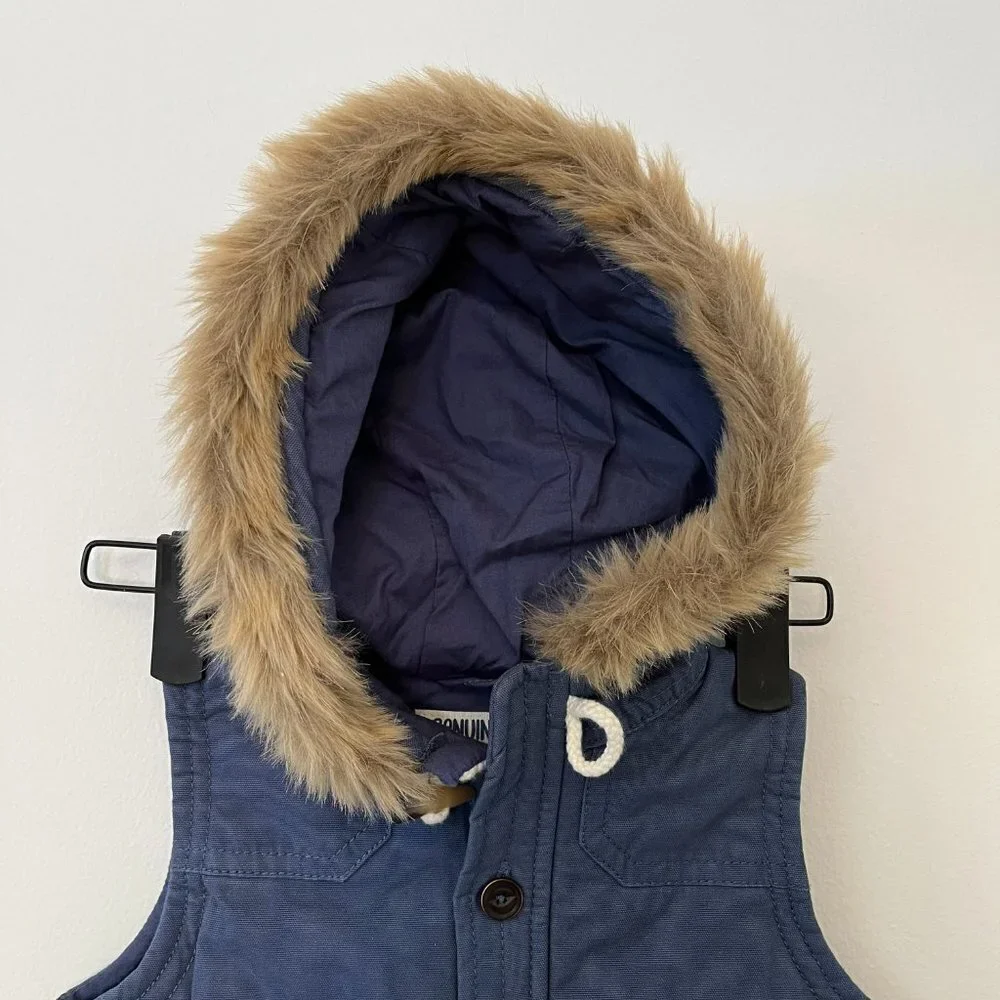 Genuine Kids Oshkosh Navy Puffer Vest Faux Fur Hood - Size 18 Months
